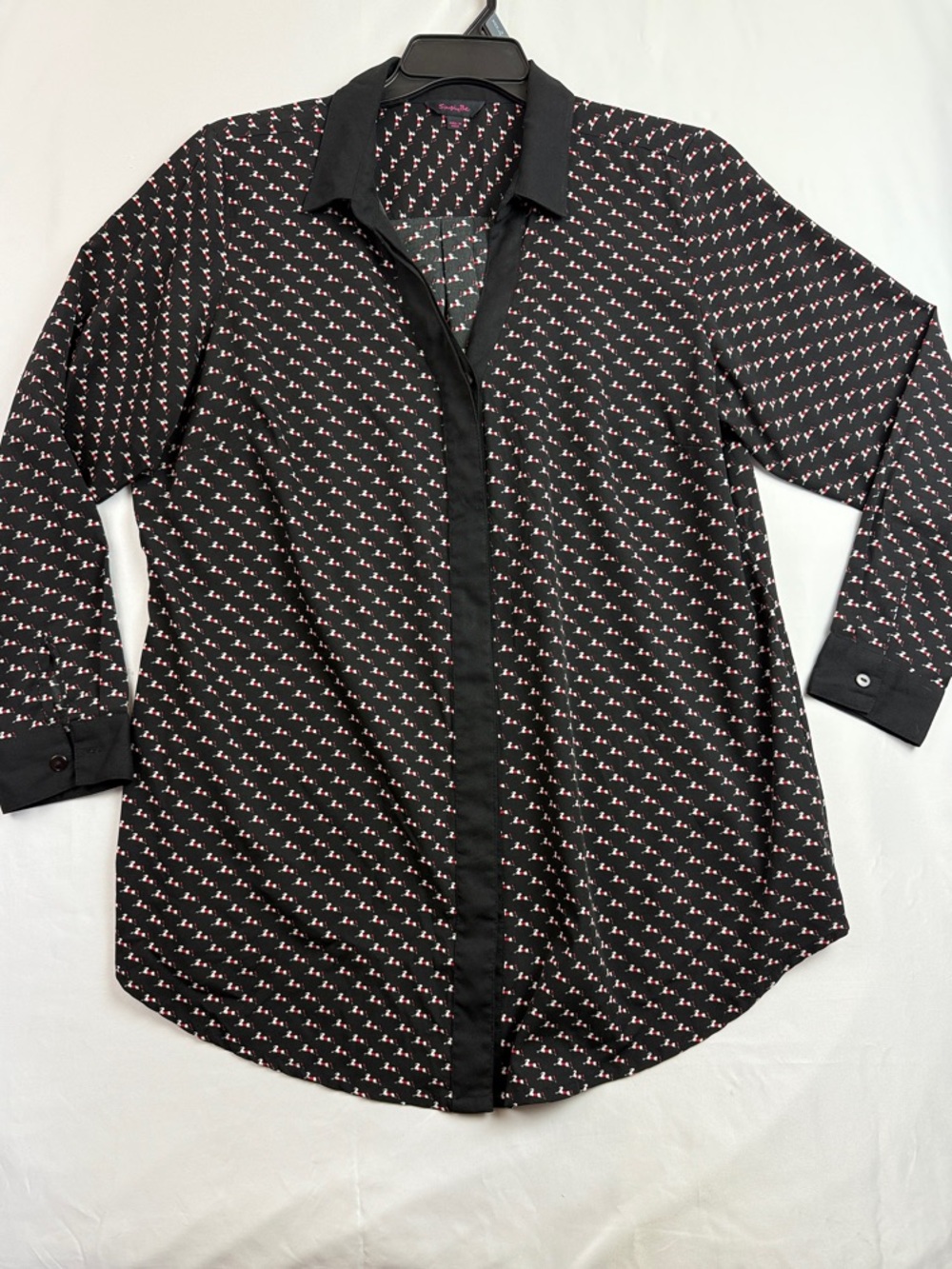 Simply Be Black Button-Front Blouse with Horse with Red Pattern.